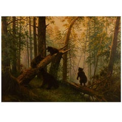 Vintage Unknown Russian Painter, Playful Bear Cubs in the Forest, Oil on Canvas