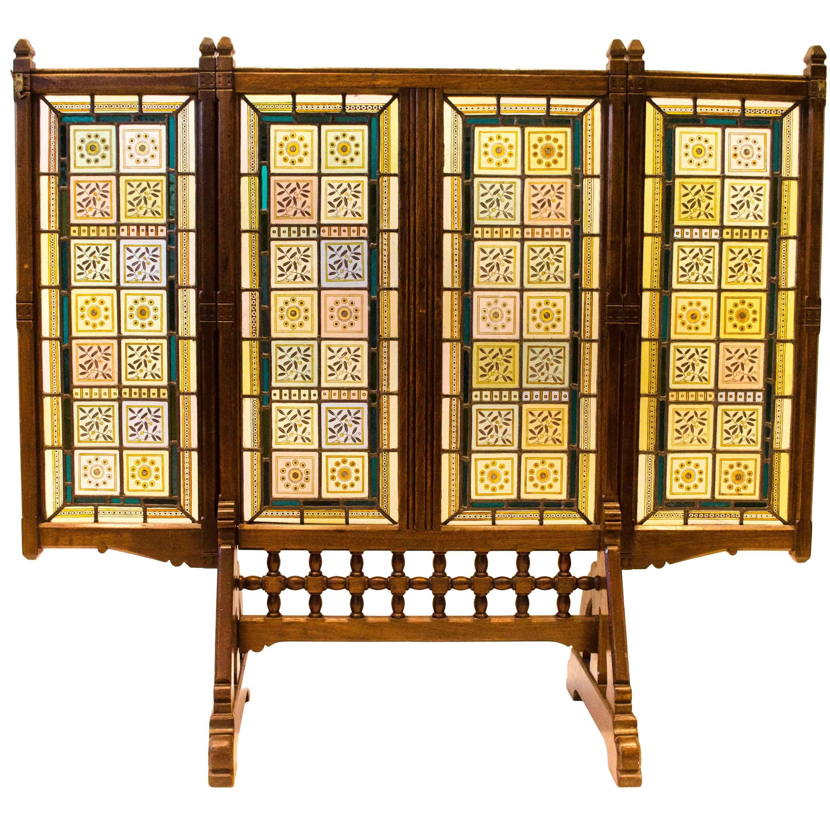 AWN Pugin Gothic Revival Oak, Leaded & Painted Glass Three-Fold Fire Screen For Sale