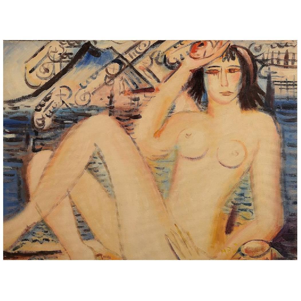 Huile sur toile, Femme nue, artiste inconnue, XXe siècle