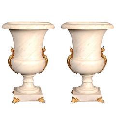 Retro Pair of Stunning White Marble and Ormolu-Mounted Urns