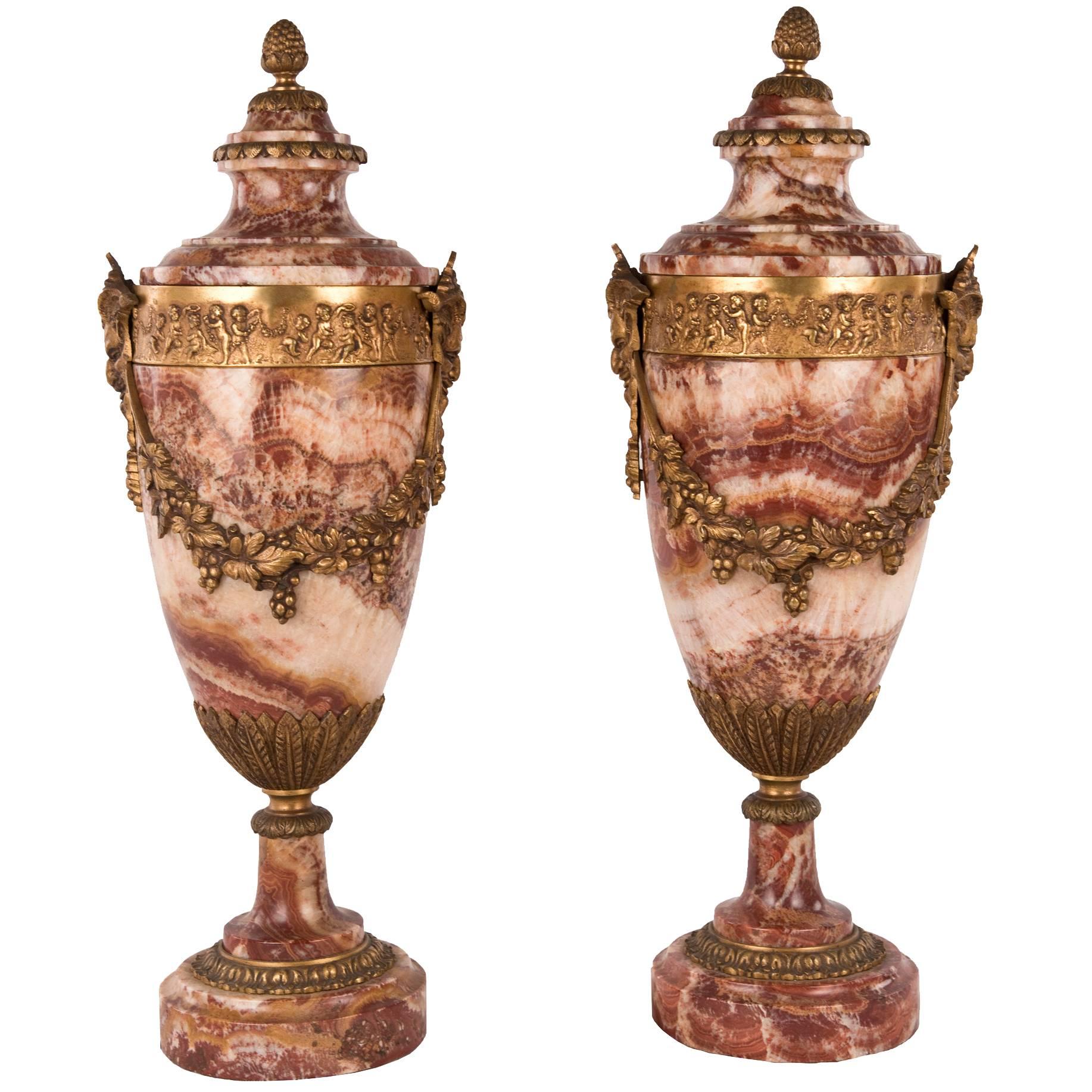 Pair of Louis XVI Style Marble and Ormolu Urns
