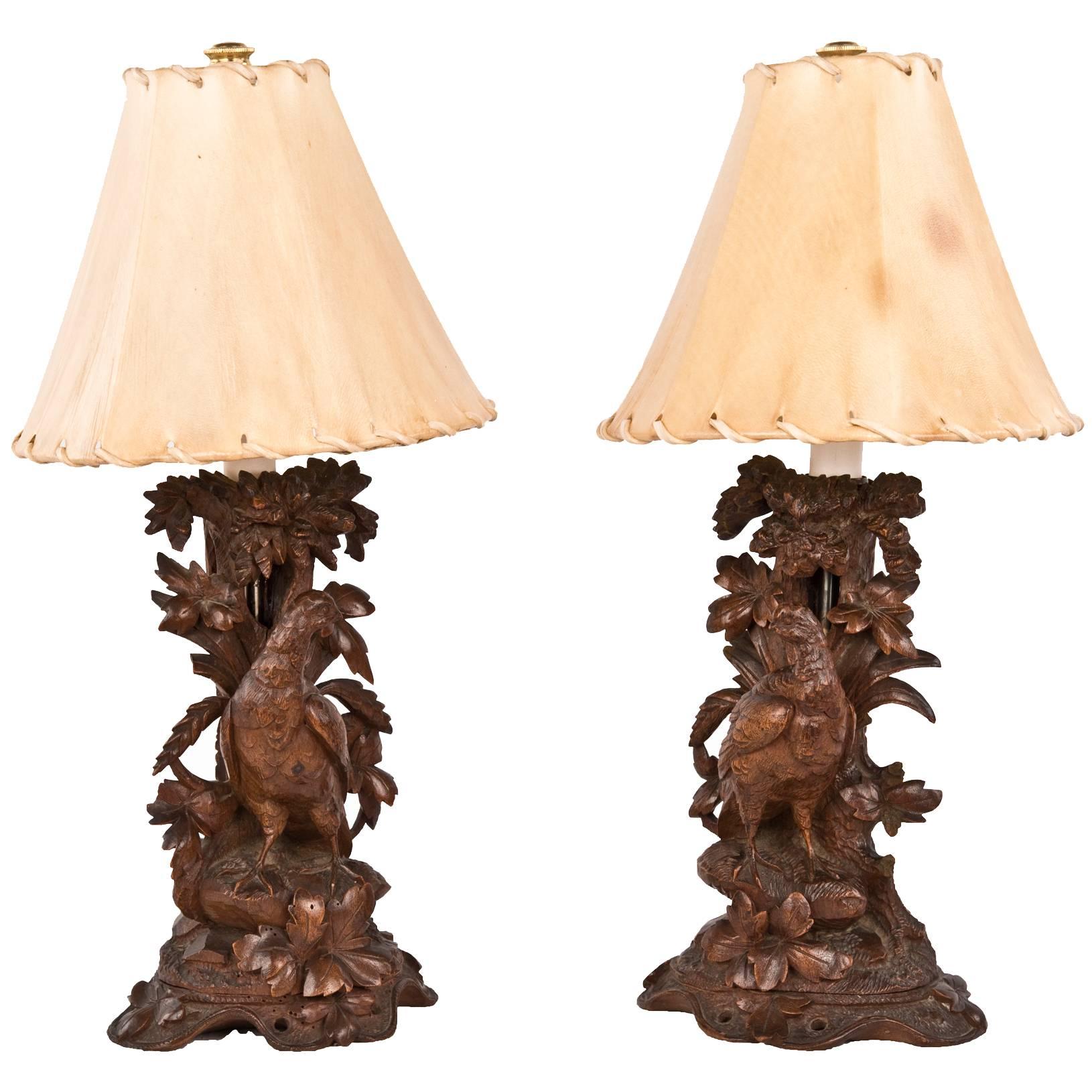 Pair of 19th Century Black Forest Carved Wood Pheasant Table Lamps