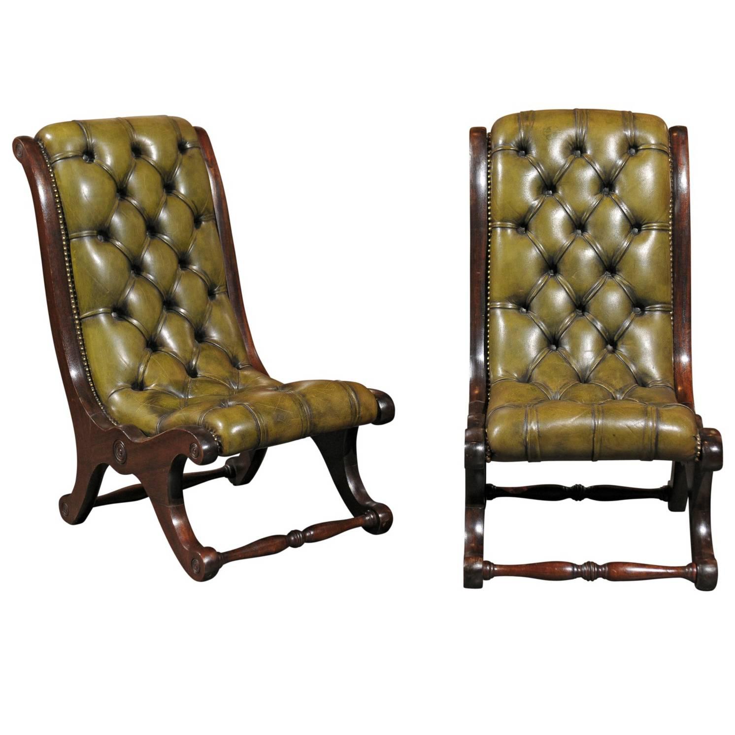 Pair of English Green Leather Turn of the Century Tufted Slipper Chairs
