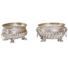 Pair of Chased Silver Plated Jardinieres with Lionhead Handles and Paw Feet