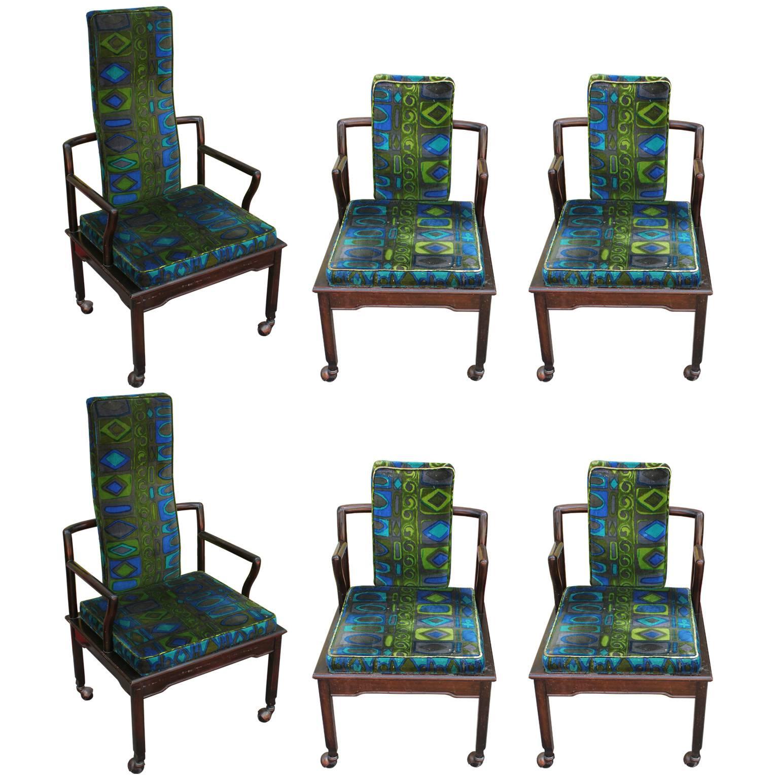 Set of six Modern Widdicomb Dining Chairs in Jack Lenor Larsen Blue Green Velvet