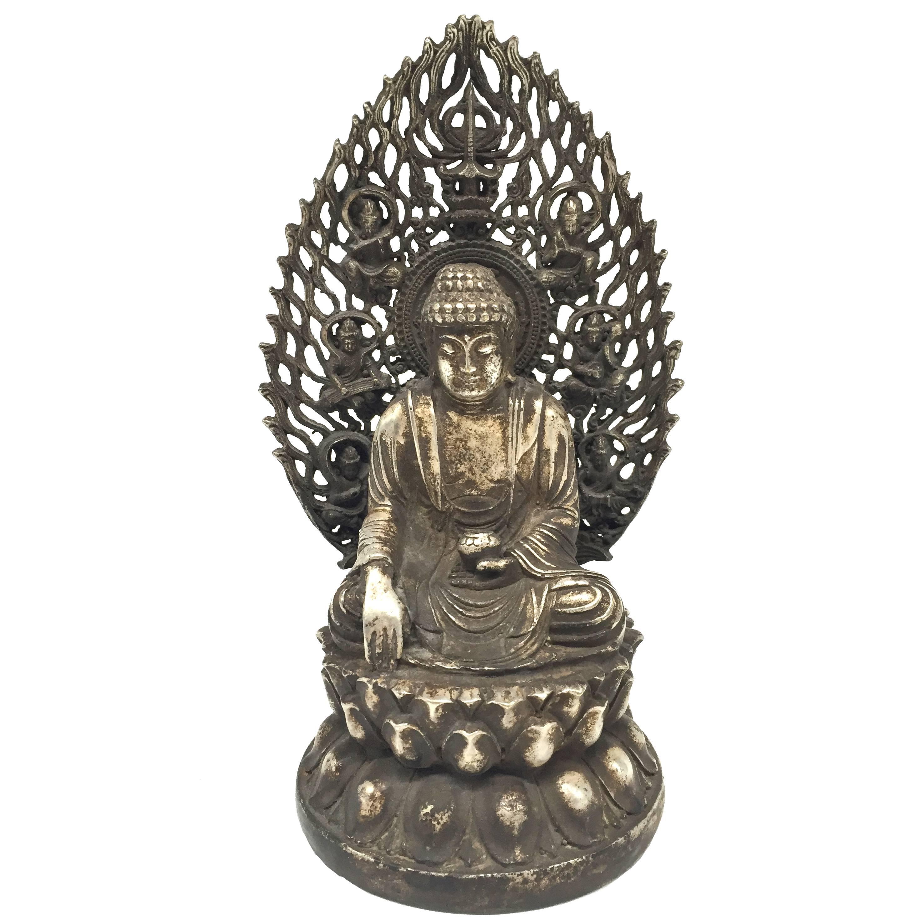Silver Bronze Buddha with Flying Goddesses For Sale