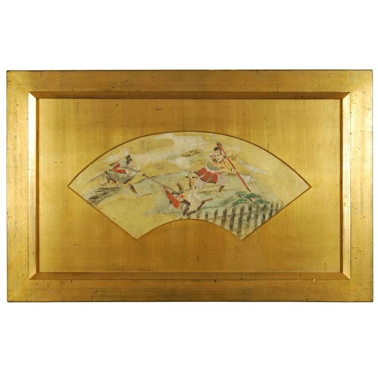 Antique Japanese Fan Painting with Scenes of a Samurai Battle at