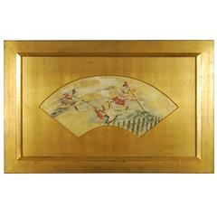 Antique Japanese Fan Painting with Scenes of a Samurai Battle