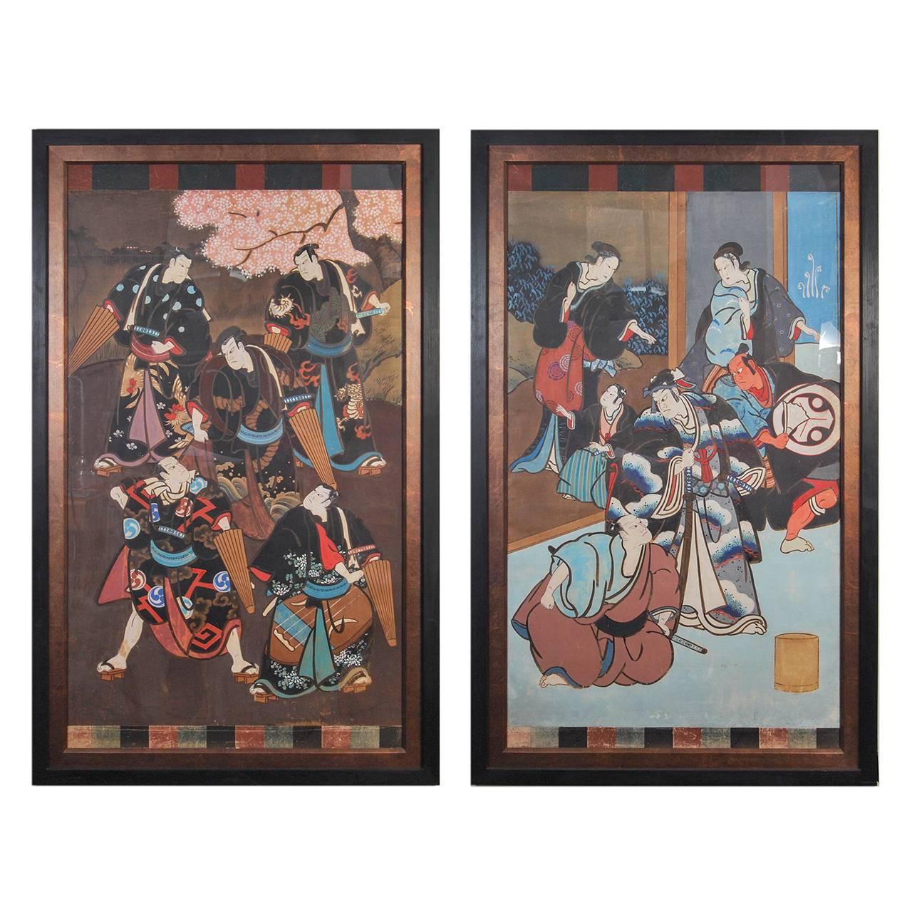 Antique Japanese Hand-Painted Kabuki Theatre Posters, 19th Century