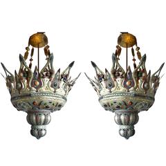 Pair of Vintage Moroccan Metal and Glass Chandeliers