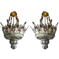 Pair of Vintage Moroccan Metal and Glass Chandeliers