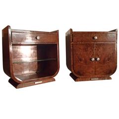 Art Deco Pair of U-Shaped Nightstands or Side Tables Male/Female Walnut Burr