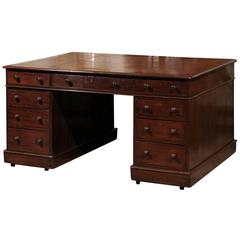 English Mahogany Partner's Desk with Leather Top, 19th Century