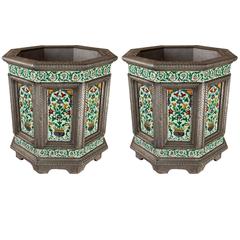 Pair of Hand-Tooled Nickel and Enamel Planters, circa 1970