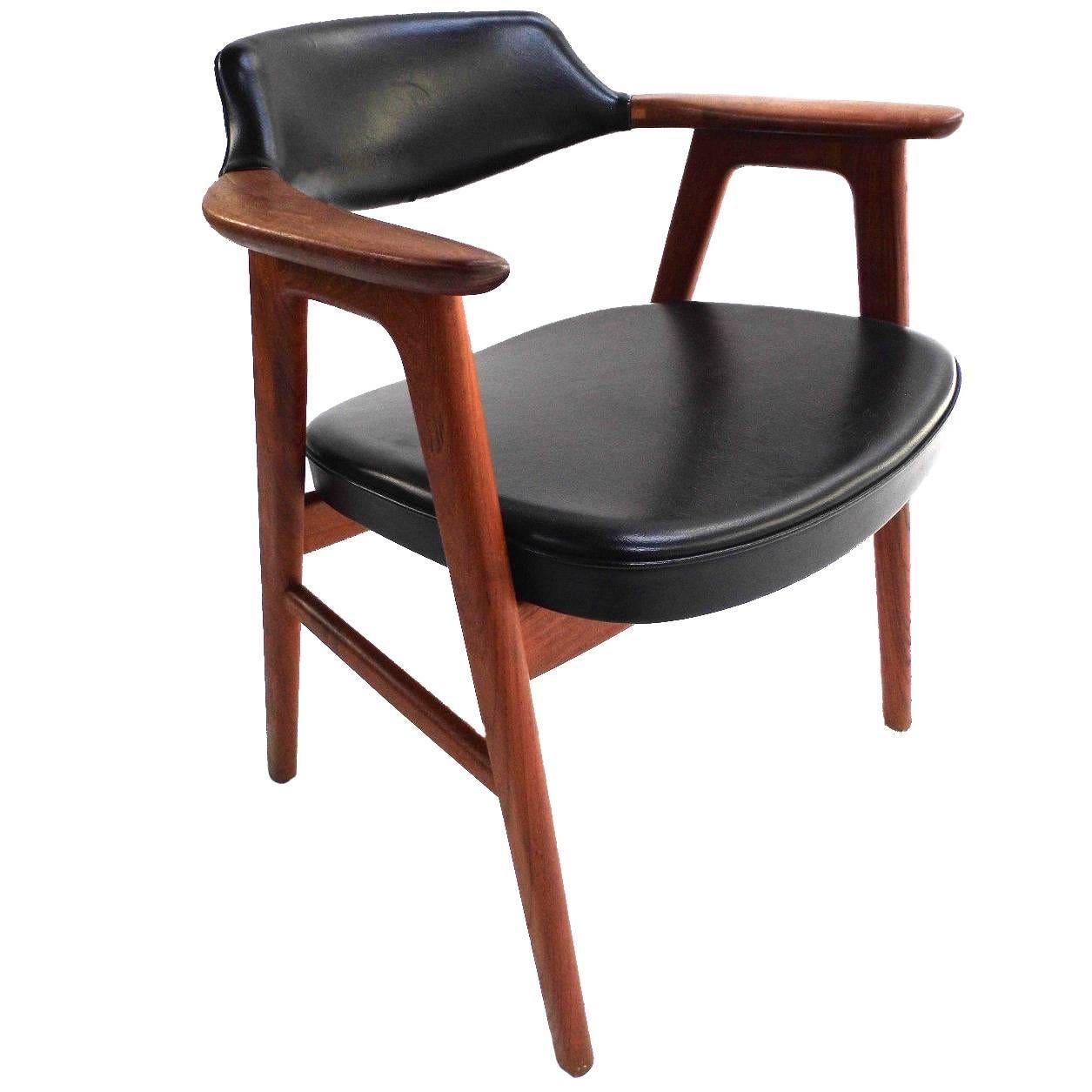 Danish Erik Kirkegaard Black Vinyl 
Teak Desk Armchair Midcentury Chair