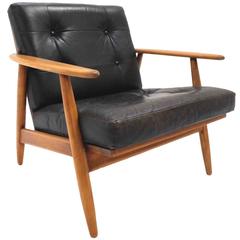 Danish Black Leather and Beech Lounge Armchair Midcentury Chair, 1960s