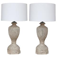 Large Pair of Painted Carved Wooden Finial Table Lamps