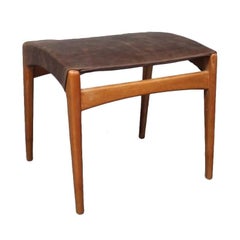 Stool in Polished Wood and Patinated Leather of Danish Design, 1960s
