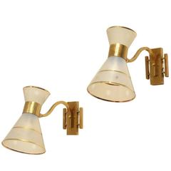 2x French Mid-Century Modern Design Glass Diabolo Shaded Brass Sconces Lamps 3