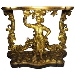 Fine Venetian 18th Century Baroque Style Giltwood Carved Figural Console Table