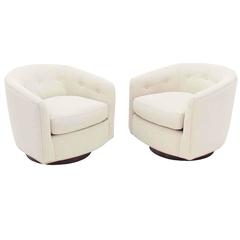 Pair of Barrel Backs Swivel Chairs on Walnut Bases New Upholstery