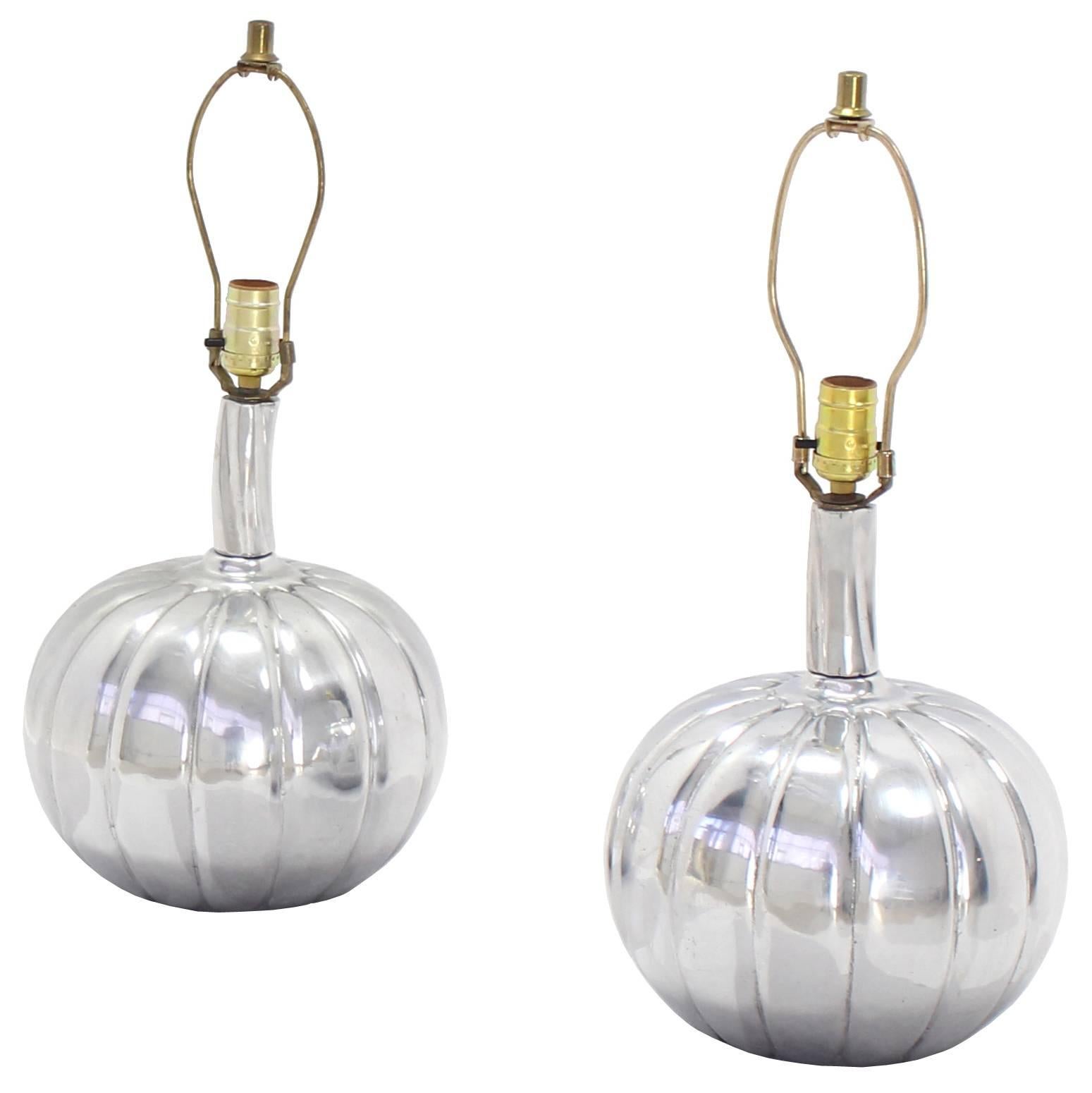 Pair of Stunning Metal Pumpkin Shape Table Lamps For Sale