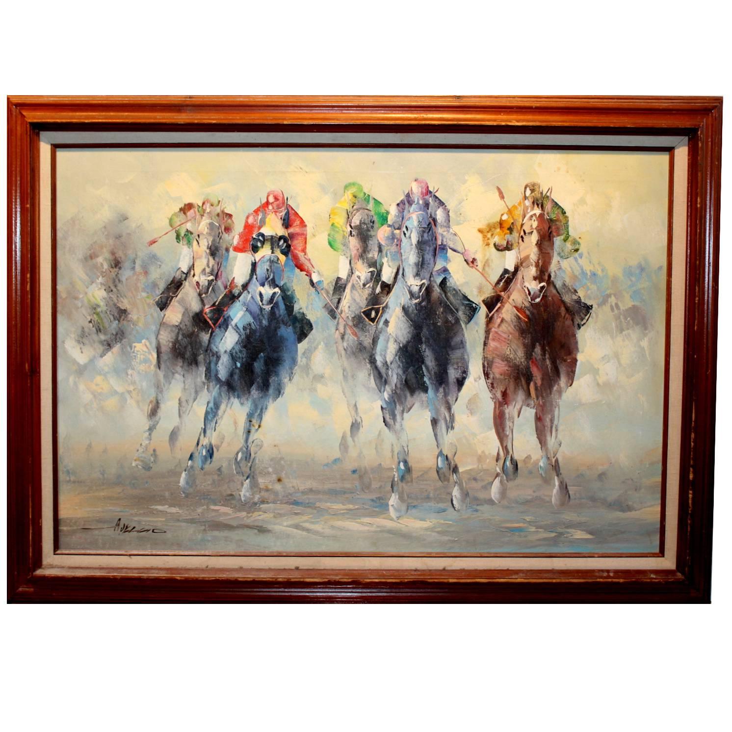 Peinture à l'huile du milieu du siècle sur la course de chevaux de course