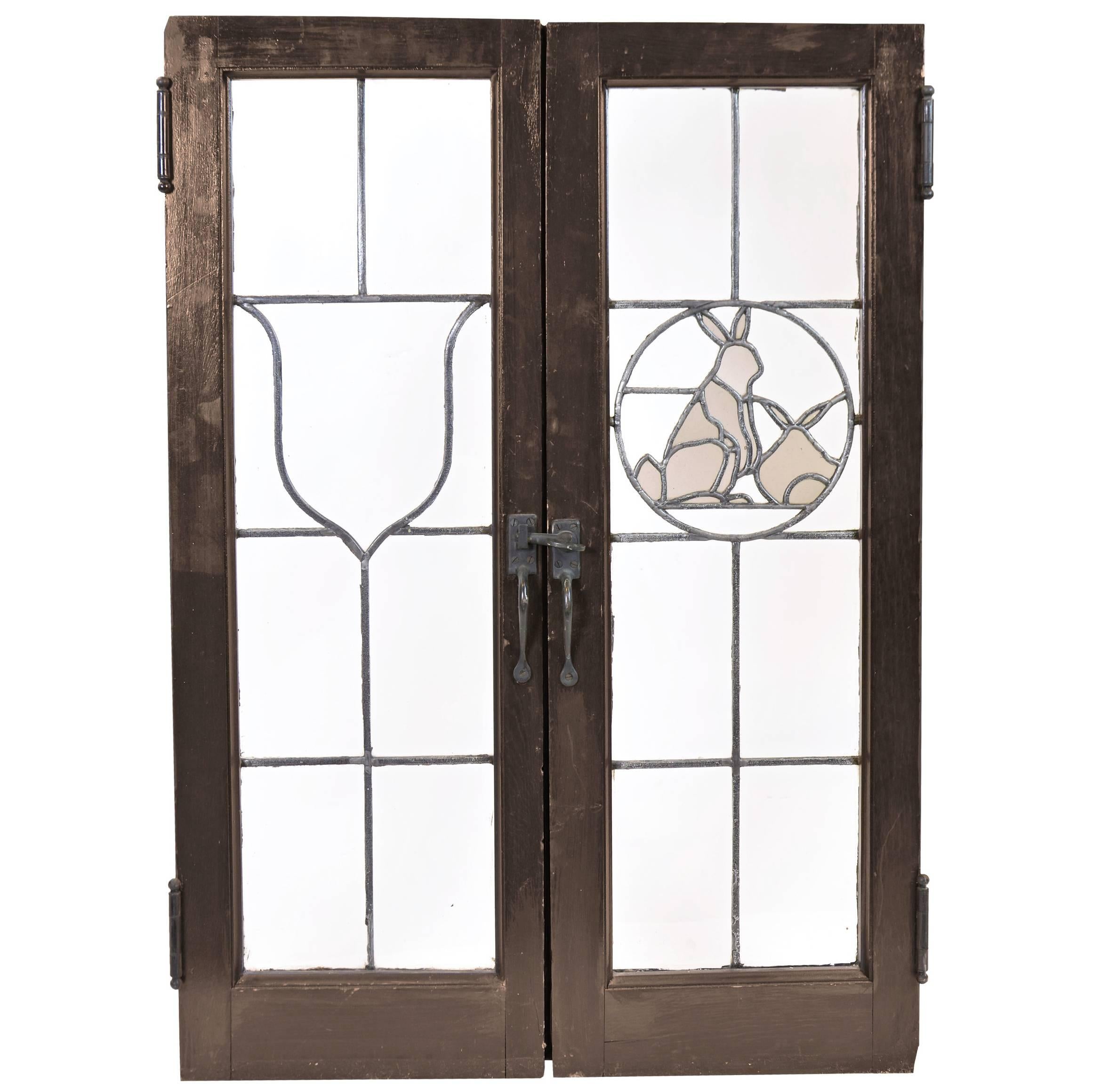 Set of Eight Tudor French Windows with Leaded Glass Emblems, circa 1915