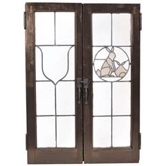 Antique Set of Eight Tudor French Windows with Leaded Glass Emblems, circa 1915