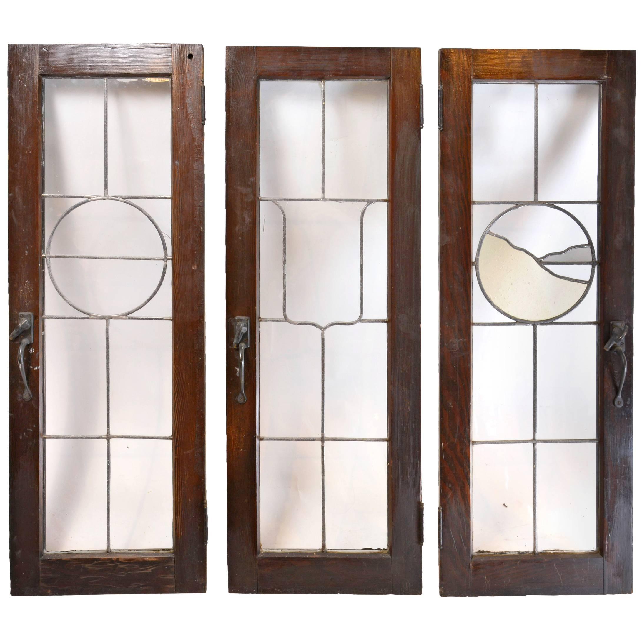 Set of Three Tudor French Windows with Leaded Glass Emblems, circa 1915