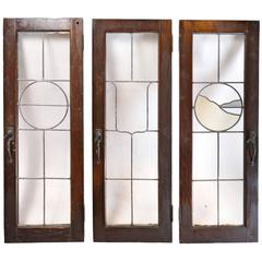 Antique Set of Three Tudor French Windows with Leaded Glass Emblems, circa 1915