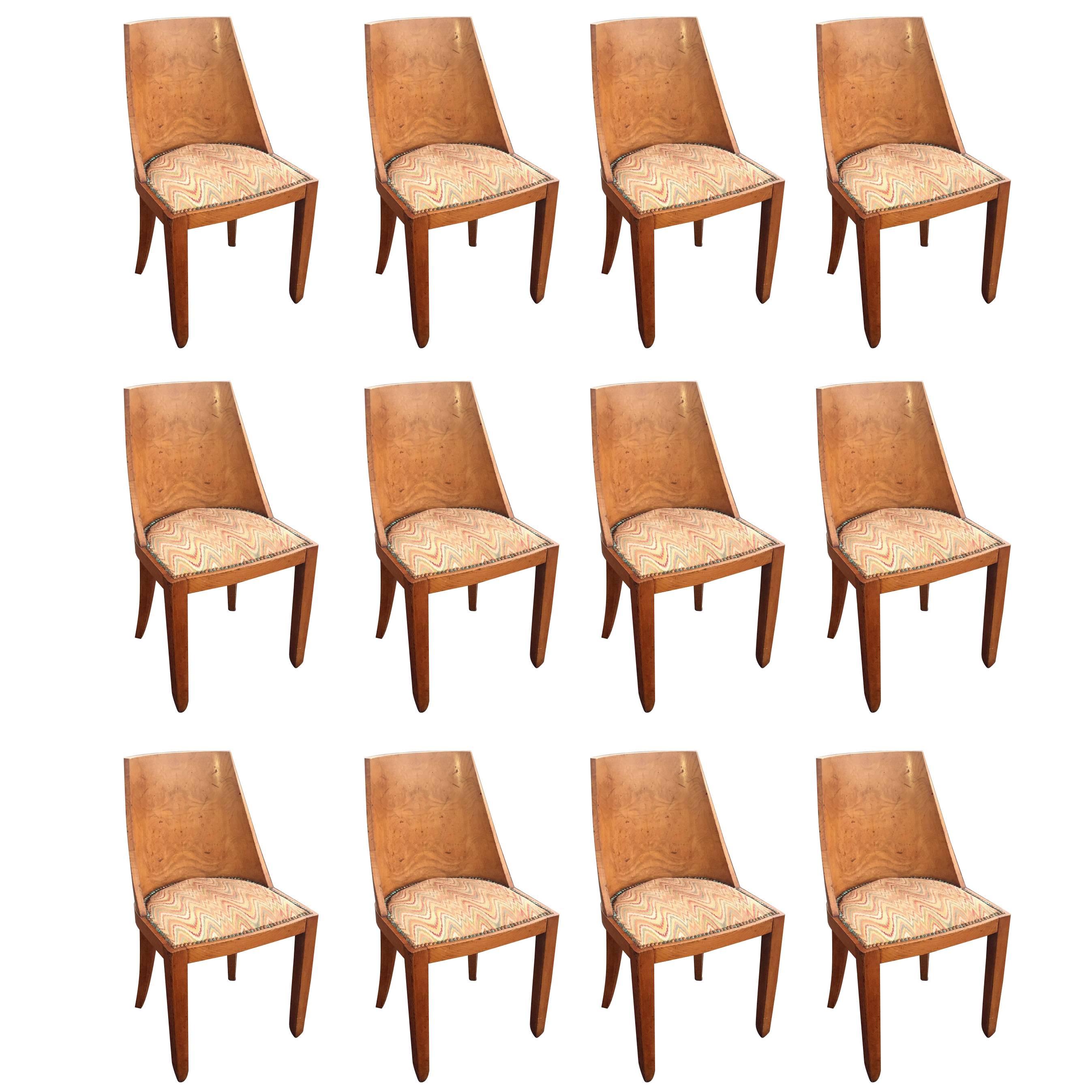 Rare Set of 12 Art Deco Elm Burr Chairs