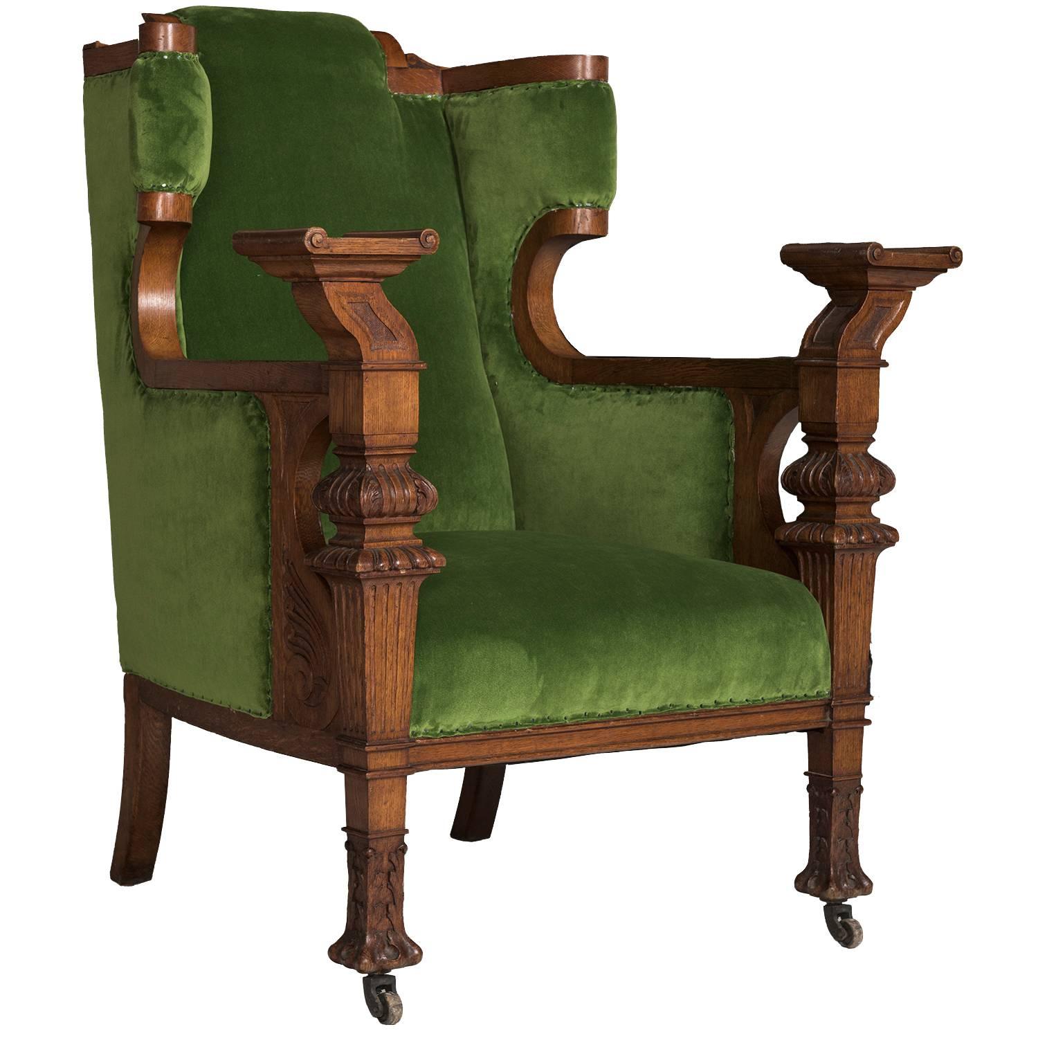 Green Velvet and Oak Armchair, circa 1860