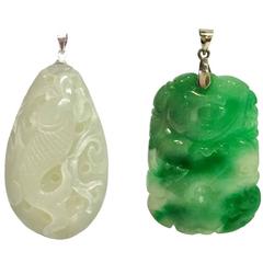 Vintage Two Natural Jade Pendants with Sterling Silver Claps