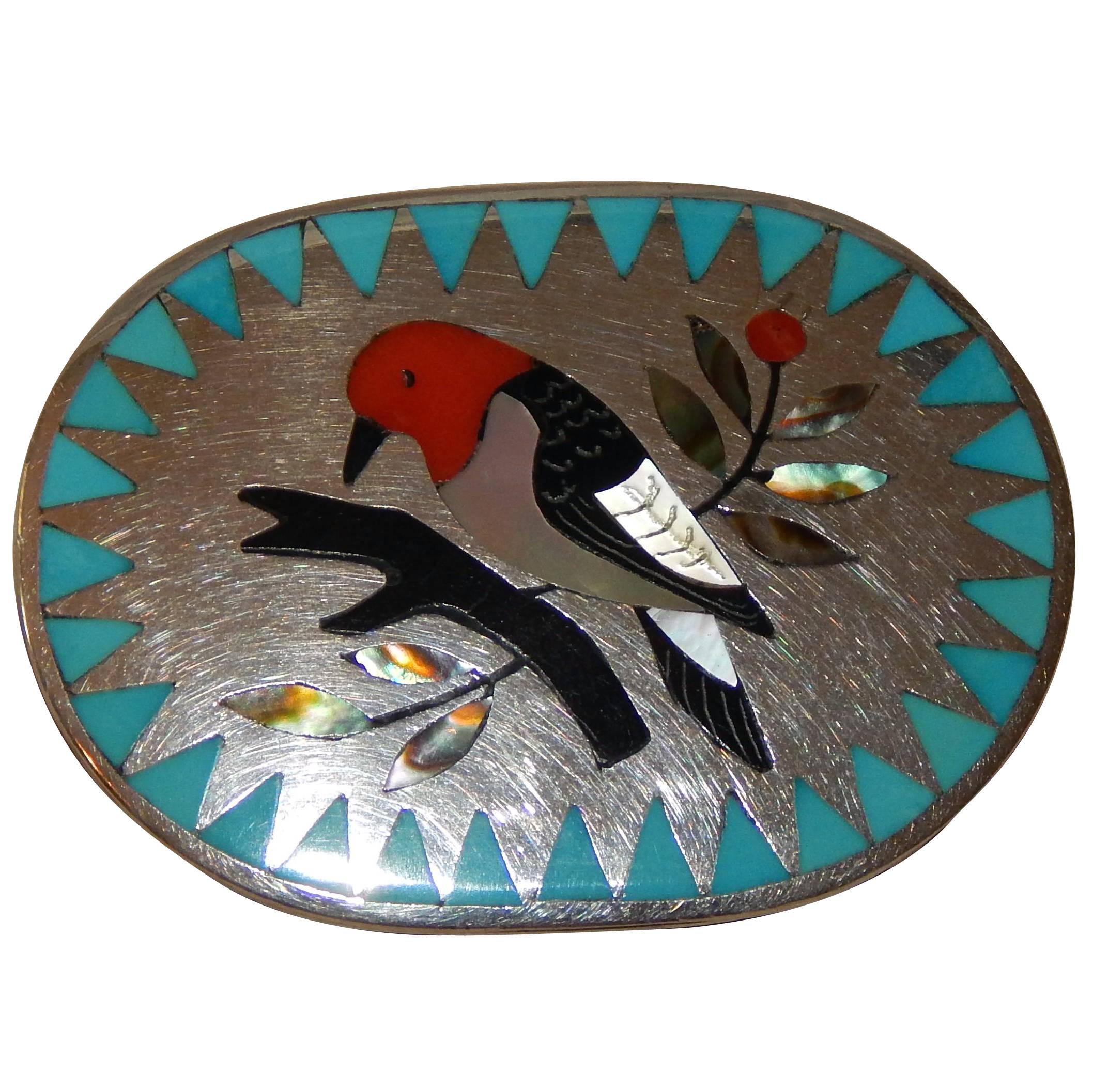 Dennis & Nancy Edaakie Zuni Inlay Woman's Sterling Belt Buckle with Bird Design