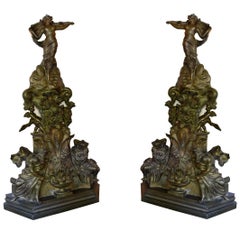 Large Bronze Antique Fireplace Andirons