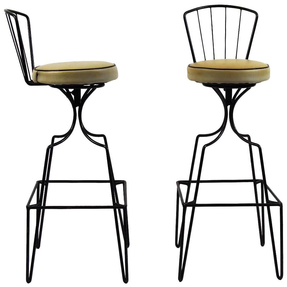 Pair of Hairpin Leg Mid-Century Wrought Iron Bar Stools For Sale