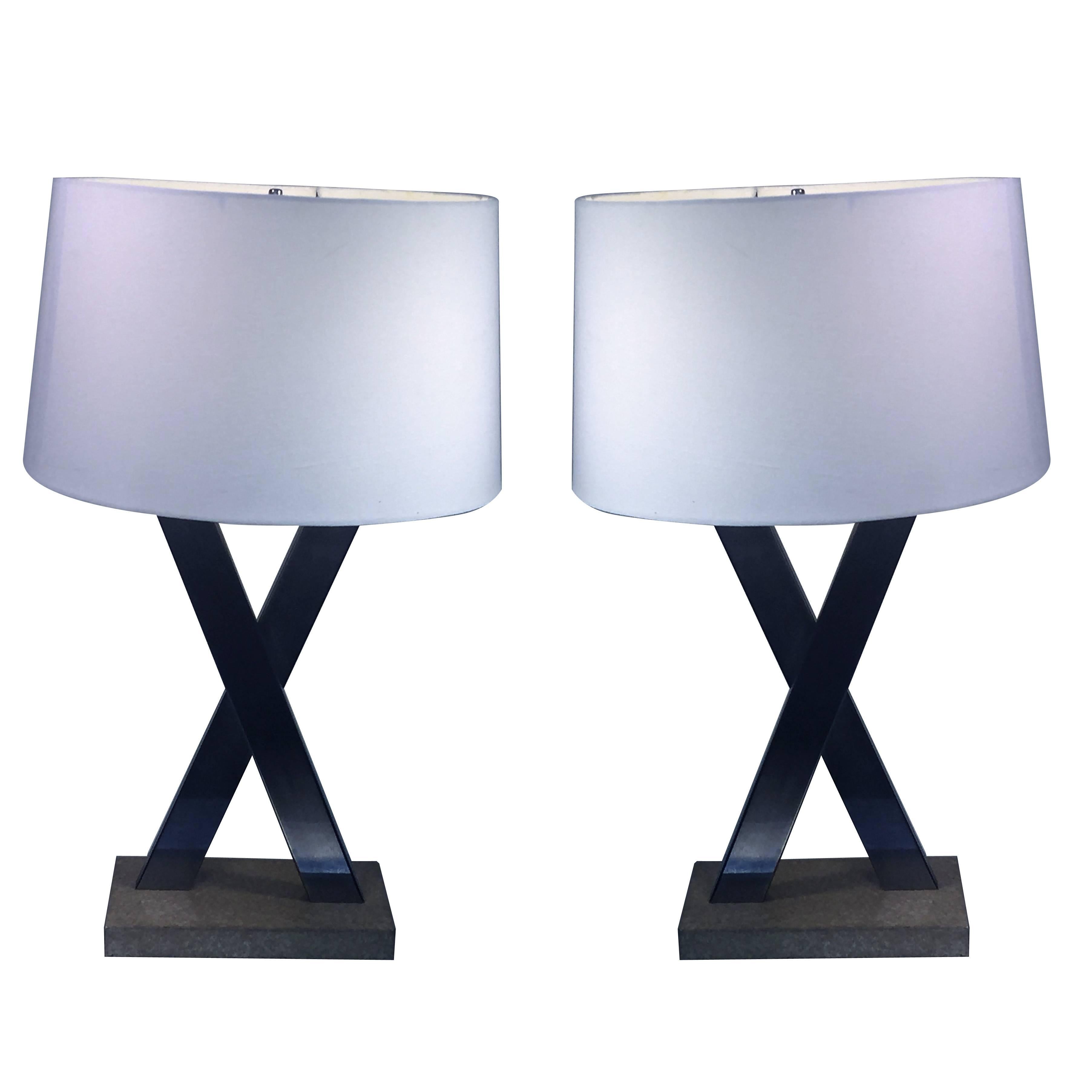 Great Pair of Modern Brushed Nickel X Lamps in Style of Jean Michel Frank For Sale