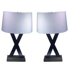 Great Pair of Modern Brushed Nickel X Lamps in Style of Jean Michel Frank