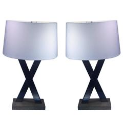 Great Pair of Modern Brushed Nickel X Lamps in Style of Jean Michel Frank