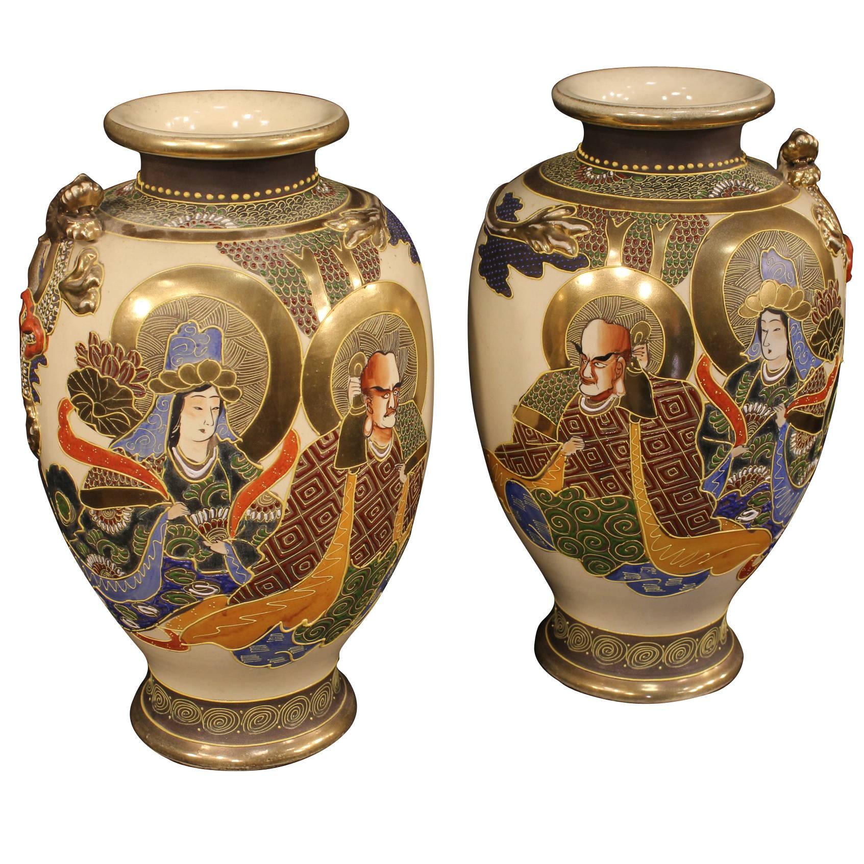 20th Century Pair of Japanese Satsuma Vases in Painted Ceramic