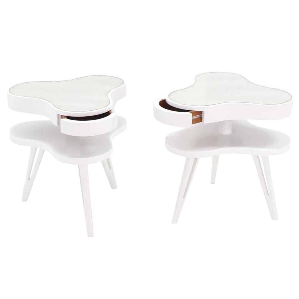 Pair of White Lacquer Pierced Legs Organic Shape End Tables For Sale