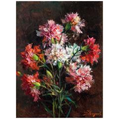1920s Italian Carnations Still Life Oil Painting signed by Licinio Barzanti