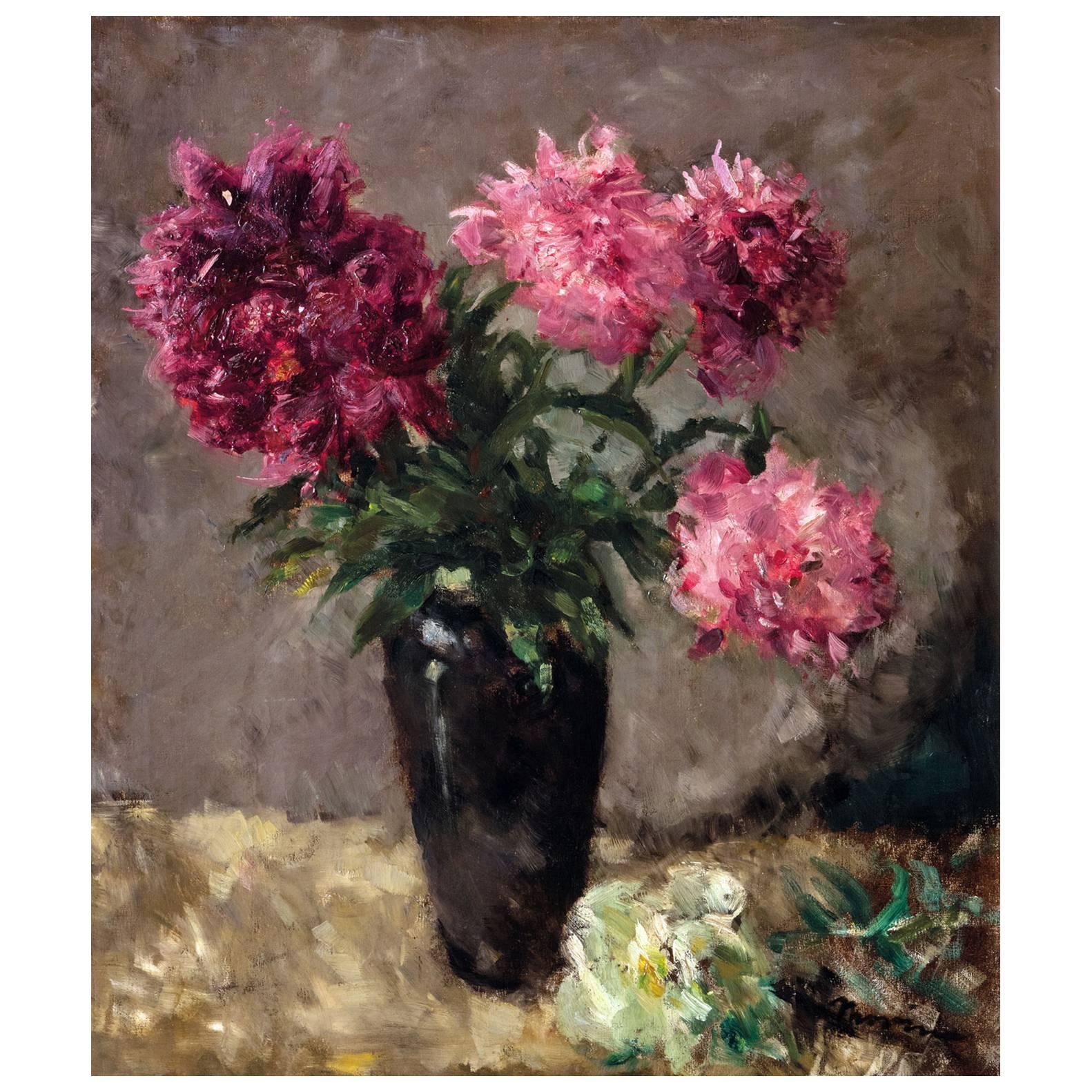Early 20th Century Austrian Still Life Peonies Flowers by Pick Morino
