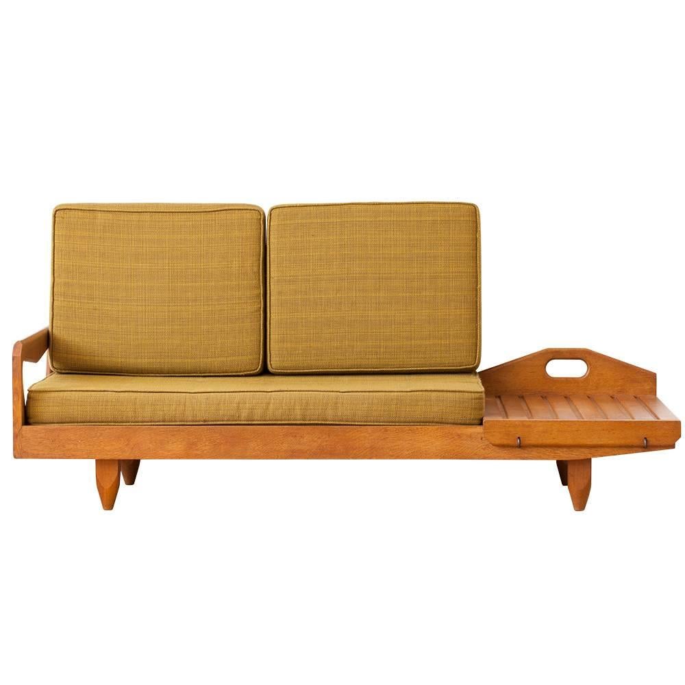 French Sofa with Adjustable Coffee Table by Guillerme and Chambron, circa 1970 For Sale