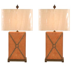 Beautiful Pair of Vintage Custom Brass Studded Leather Lamps