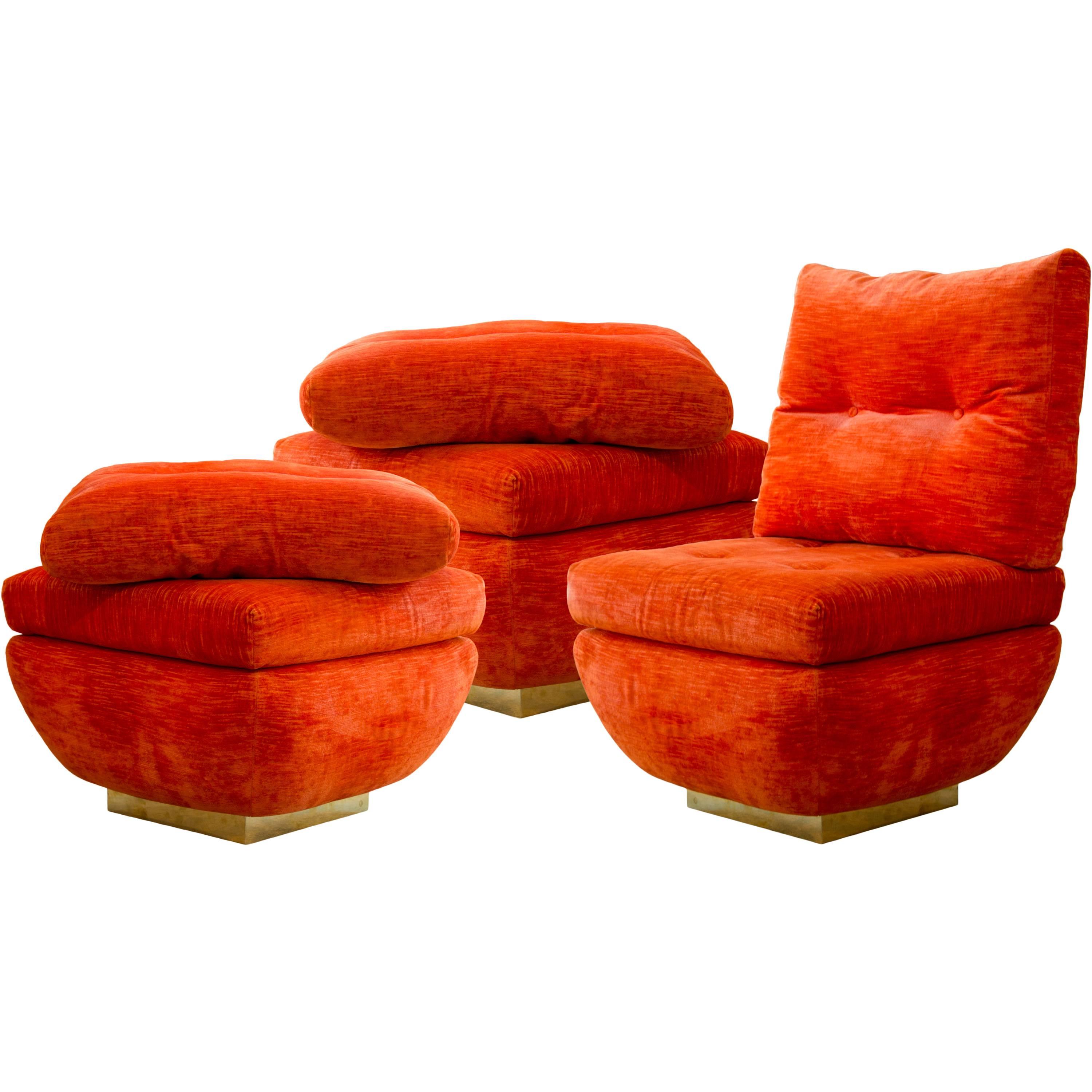 Set of Three Italian Upholstered Ottomans on Brass Bases, circa 1970s For Sale