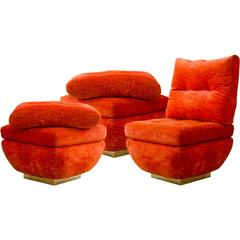 Set of Three Italian Upholstered Ottomans on Brass Bases, circa 1970s