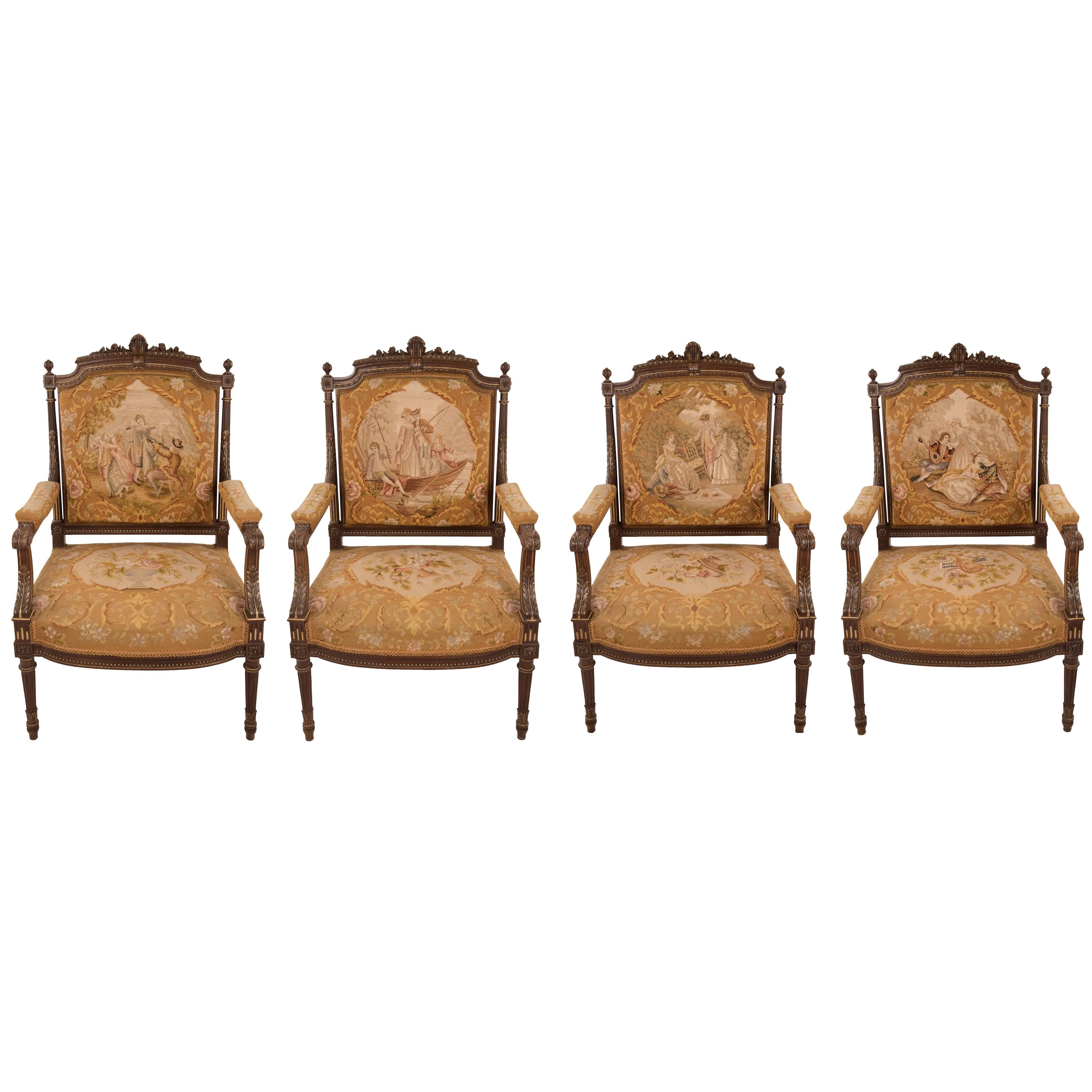 Set of Louis XVI Style Walnut and Parcel-Gilt Needlepoint-Upholstered Armchairs