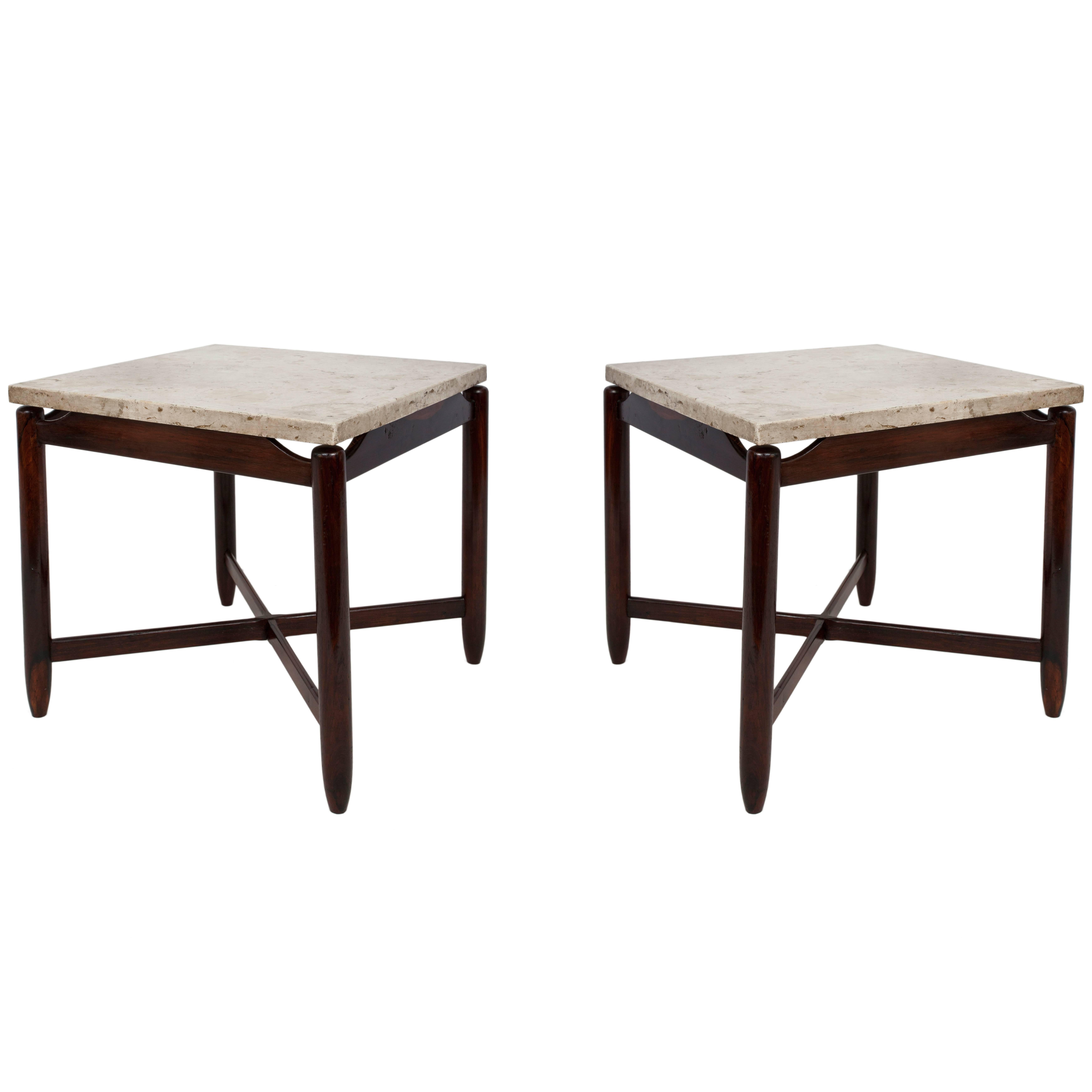 Pair of Sergio Rodrigues Marble and Jacarandá Side Tables